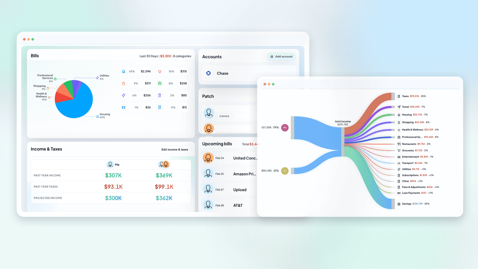 Stitch household dashboard and joint cash flow views shown together